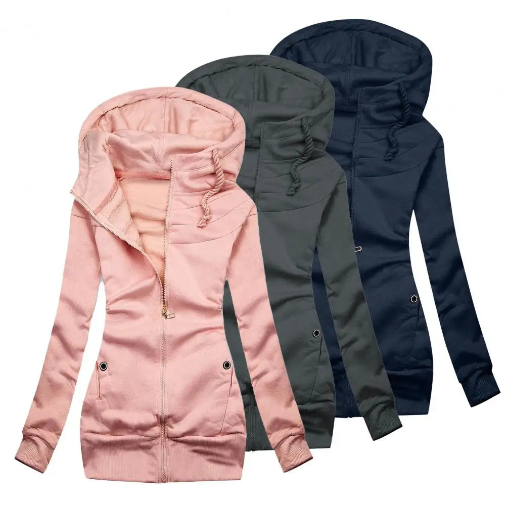 Women’s slim fit zipper hoodie jacket with drawstring waist in pink, navy blue, and gray | 3KDyn